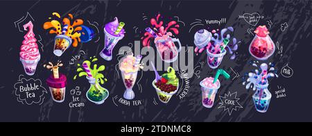 Assortiment de thé à bulles d'illustrations vectorielles d'icônes de couleur grand ensemble. Paquet d'objets plats pour le menu de café sur tableau noir. Éléments pour la conception Illustration de Vecteur