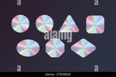 Autocollants incandescents holographiques ensemble d'icônes vectorielles réalistes. Badges de qualité de produit originaux avec illustrations de feuille arc-en-ciel sur fond noir Illustration de Vecteur