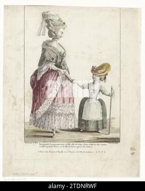 Galerie des modes et costumes français, 1778, p.88 : marche bourgeoise (...), Nicolas Dupin, d'après Pierre Thomas le Clerc, c. 1776 - C. 1786 Burgerwoman, marchant avec sa fille. La femme porte un manteau d'épaule sur une 'Robe à la polonaise' avec EngageEntes et Falbalas. Elle a une plage de pliage fermée dans la main droite du gant. Aux pieds chaussures pointues avec talon et boucle. A côté d'elle une fille avec un chapeau de paille, un bâton de marche dans la main. Galerie des modes et costumes Français. Imprimeur : Francepublisher : papier de Paris. Gravure sur carton Burgerwoman, marchant avec sa fille. Le woma Banque D'Images