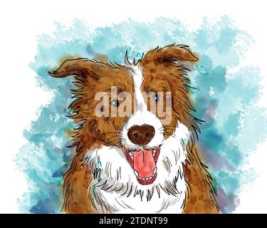 Portrait d'animal de compagnie d'un joyeux Border Collie brun. Dessin artistique à la main aquarelle colorée sur fond bleu et blanc. Banque D'Images