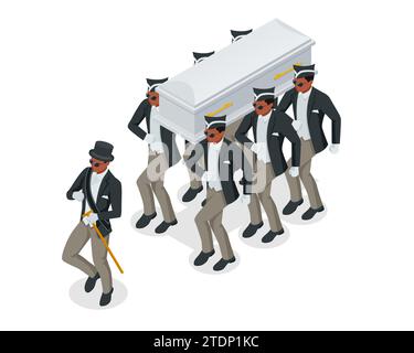 Dancing Coffin. Meme avec des hommes noirs qui portent le cercueil et la danse. Illustration isométrique Illustration de Vecteur