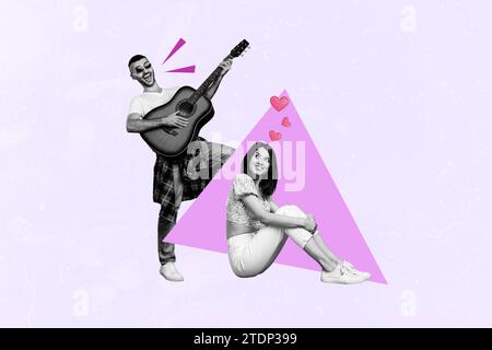 Composite collage illustration image de partenaires de rencontres jeune couple petit ami jouant de la guitare pour sa petite amie isolé sur fond rose Banque D'Images