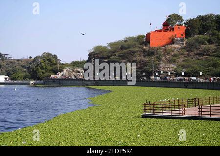 Ajmer, Inde. 19 décembre 2023. Ruisseau de jacinthe d'eau à l'intérieur du lac Anasagar à Ajmer, Rajasthan, Inde, le 18 décembre 2023. Photo de ABACAPRESS.COM crédit : Abaca Press/Alamy Live News Banque D'Images