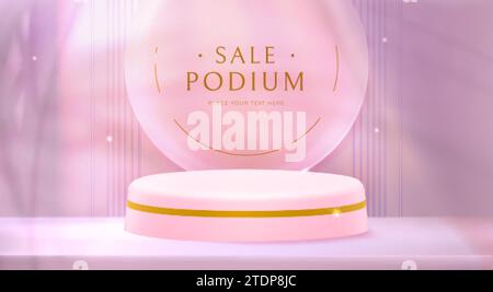 Podium rond ou piédestal avec des feuilles de palmier sur fond rose. Plate-forme de présentation de produits avec décor doré. Scène réaliste de maquette de vitrine de vecteur 3d, exposition ou stand d'affichage de produit de salle d'exposition. Illustration de Vecteur