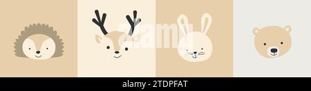 têtes de portraits d'animaux des bois mignons. Illustration vectorielle dans le style plat. Les visages animaux mignons peuvent être utilisés pour l'impression, l'affiche, le textile de pépinière, les vêtements. Couleurs marron pastel. Illustration de Vecteur