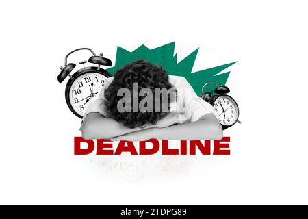 Collage affiche créative noir filtre blanc bouleversé tristesse endormi jeune homme deadline déprime l'horloge fond blanc vert Banque D'Images