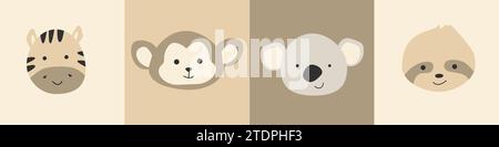 Mignon bébé safari animal visage illustration vectorielle. L'ensemble comprend zèbre, singe, paresseux, koala. Illustration vectorielle peut utiliser pour l'impression de pépinière, vêtements, cartes, cartes postales, avatars. Illustration de Vecteur