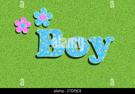 Le mot anglais Boy, écrit avec des fleurs bleu clair, couleur bébé, sur fond vert, pour bébé Banque D'Images