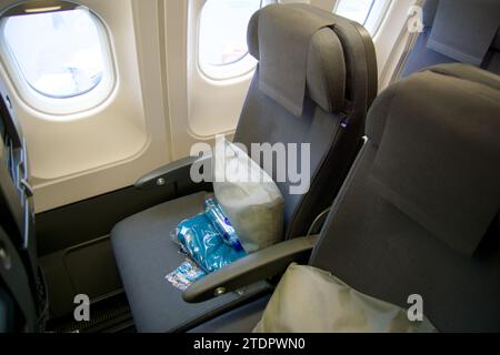 COPENHAGUE, DANEMARK - 24 NOVEMBRE 2018 : place dans la cabine de l'appareil en classe économique sur un vol long-courrier à destination de San Francisco Banque D'Images