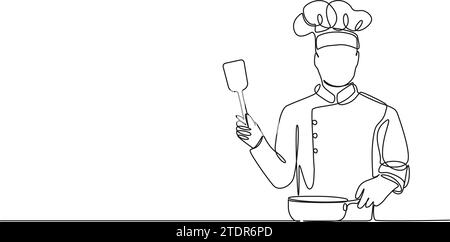 dessin continu d'une seule ligne de chef avec poêle et spatule, illustration vectorielle d'art de ligne Illustration de Vecteur