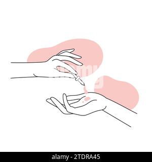 Gouttes de sérum capillaire sur la main. Traitement du cuir chevelu de cheveux, illustration vectorielle efficace de ligne d'huile de cheveux Illustration de Vecteur