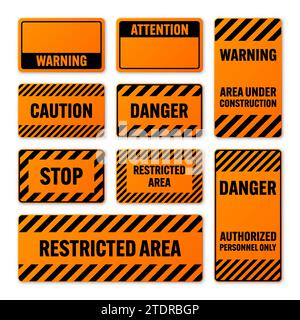 Divers panneaux d'avertissement noirs et orange avec lignes diagonales. Panneau attention, danger ou attention, signalisation du chantier. Panneau de signalisation réaliste Illustration de Vecteur