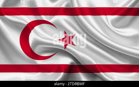 Drapeau élevé détaillé de la République turque de Chypre du Nord. Drapeau national de la République turque de Chypre du Nord. Illustration 3D. Banque D'Images
