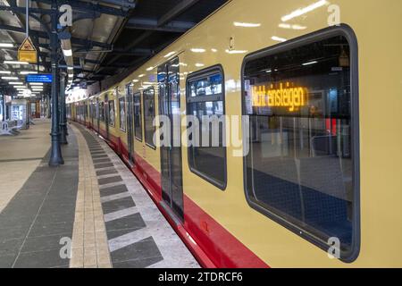 Der Leere Berliner S-Bahnhof Schönhauser Allee. Die Gewerkschaft der Lokführer GDL Hat erneut zu einem Warnstreik ausgerufen. Hinweistafeln weisen darauf Hin, dass auf diesem Bahnhof während des Streiks kein Zugverkehr stattfindet. Ein Zug mit dem Hinweis nicht einsteigen steht abgestellt im Bahnhofsbereich. / La station de S-Bahn Berlin vide Schönhauser Allee. Le syndicat des conducteurs de train GDL a une fois de plus appelé à une grève d'avertissement. Des panneaux indiquent qu'il n'y aura pas de service ferroviaire à cette gare pendant la grève. Un train avec le panneau ne pas embarquer est garé dans la zone de la gare. Streik der Lokfü Banque D'Images