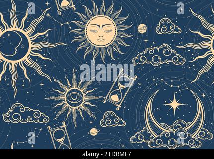 Motif d'espace mystique sans couture avec soleil, lune et étoiles, fond cosmos dans le style tarot, ciel magique astrologie, ornement ésotérique abstrait, vecteur Illustration de Vecteur