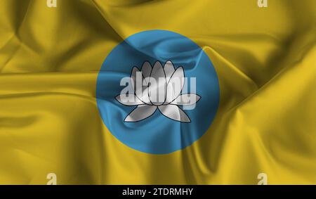 Drapeau détaillé élevé de Kalmoukie. Drapeau national de Kalmoukie. Illustration 3D. Banque D'Images