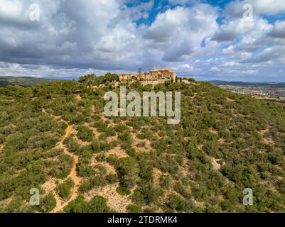 Vue aérienne du sanctuaire de Monti-sion, situé au sommet du Puig de Monti-sion, à Porreres (Majorque, Îles Baléares, Espagne) Banque D'Images