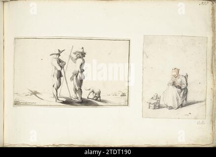 Deux hommes debout et une fille de couture, 1648 - 1677 deux dessins collés ensemble sur une feuille. Papier Zwolle. encre. Brosse à craie / stylo deux dessins collés ensemble sur une feuille. Papier Zwolle. encre. brosse à craie / stylo Banque D'Images