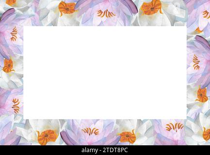 Cadre horizontal avec aquarelle délicate violette White aquarelle clipart floral pour cartes postales, décoration, affiches, annonces, cadres, Journée de la femme 2024 Banque D'Images