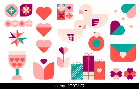 Happy Valentines Day éléments de conception abstraite géométrique pour l'emballage, carte de voeux, affiche .style bauhaus tendance Illustration de Vecteur