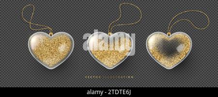 Coeurs en verre transparent réaliste avec paillettes dorées. Symbole de l'amour, sois ma Saint Valentin. Illustration vectorielle 3D. Illustration de Vecteur