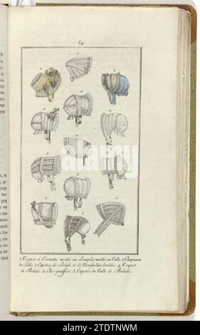 Elegantia, ou magazine de mode, de luxe et de goût pour les femmes, août 1809, no. 84 : 1. Toquet et Cornette ..., Anonyme, 1809 d'après le texte d'accompagnement (p. 256) : treize modèles différents de 'Toquets', 'Cornettes' (chapeaux), 'Capotes' de coton batist (percale), 'au goût de ce dernier de Pary'. Selon la légende : 1. 'Toquet' et 'Cornette' (chapeau) 'moité et remplis moité et tulle'. Chapeaux de paille. 3. 'Capotes' en batiste de coton (percale) et mousseline brodée. 4. 'Toquet' de coton batist (perkale) avec plis. 5. 'Capotes' de tulle et de batiste de coton (percale). Imprimer à partir du Fashi Banque D'Images