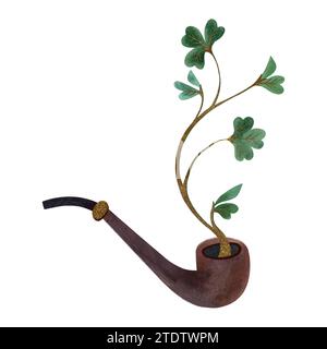 Pipe à fumer en bois au décor doré agrémenté de feuilles de trèfle chambrée. Illustration d'aquarelle isolée sur fond blanc. Clipart Banque D'Images