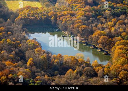 Vue aérienne, réserve naturelle NSG Kirchheller Heide, forêt d'automne avec lac à truites et parc de pêche Zur Grafenmühle avec cabanes forestières dans le lac, surrou Banque D'Images