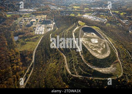 Vue aérienne, Haniel Soil tip avec BergArena amphithéâtre et sculpture Totems par AgustÃƒÆ'Ã'ân Ibarrola, zone forestière Köllnischer Wald avec automne d Banque D'Images