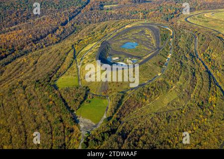 Vue aérienne, Haniel Soil tip avec BergArena amphithéâtre et sculpture Totems par AgustÃƒÆ'Ã'ân Ibarrola, zone forestière Köllnischer Wald avec automne d Banque D'Images