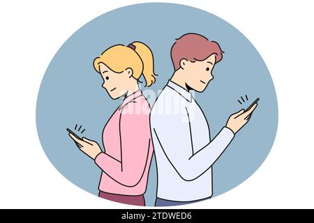 Couple debout dos à dos texting sur les téléphones cellulaires en ligne. L'homme et la femme s'évitent les uns les autres en utilisant des smartphones trichant sur le Web. Illustration vectorielle. Illustration de Vecteur