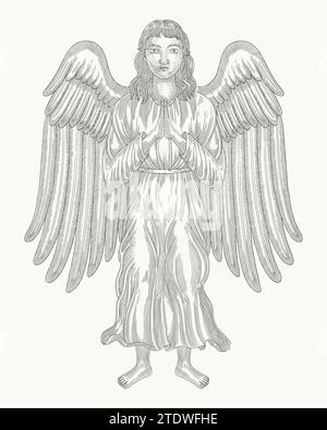 Angel salue ou prayng, illustration vectorielle de dessin de gravure Vintage Illustration de Vecteur