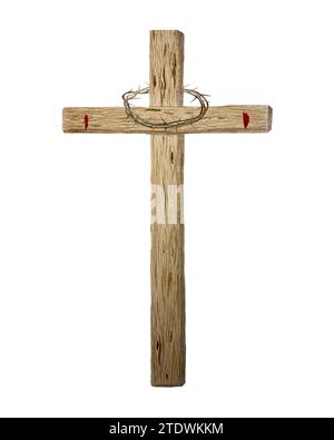 Croix en bois aquarelle avec couronne d'épines pour pâques, jeudi Saint, baptême, illustration religieuse isolée sur blanc Banque D'Images