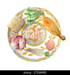 Illustration de la plaque de seder de Pâque aquarelle isolée sur blanc Banque D'Images