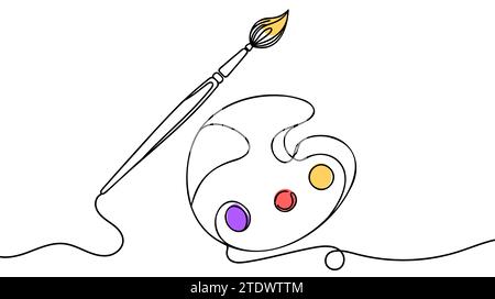 Pinceau et palette de peinture avec des peintures. Dessin continu d'une ligne. Illustration vectorielle isolée sur fond blanc. Illustration de Vecteur