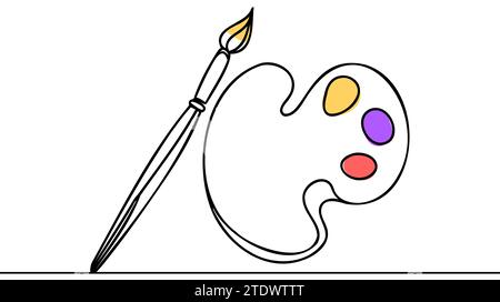 Pinceau et palette de peinture avec des peintures. Dessin continu d'une ligne. Illustration vectorielle isolée sur fond blanc. Illustration de Vecteur
