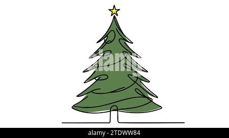 Fond de ligne d'arbre de Noël. Fond vert de dessin d'une ligne. Dessin au trait continu de l'icône de l'arbre de noël Illustration de Vecteur