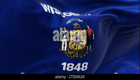 Gros plan du drapeau de l'État du Wisconsin ondulant dans le vent. Drapeau bleu avec un blason central. rendu d'illustration 3d. Tissu ondulé. Backgroun texturé Banque D'Images