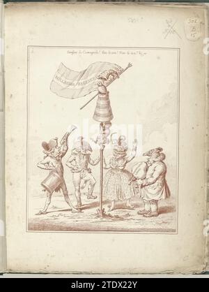 Titelprent van serie Hollandia Regenerata, 1795, James Gillray (possiblement), d'après David Hess, 1795 Hollandia Regenerata, 1795. un homme et une femme dansent pour un arbre de la liberté sur la musique de deux musiciens. Sur le dessus du poteau un chapeau phrygique avec des idiots et un karnton inversé avec les mots liberté, égalité et fraternité. Sur un drapeau le titre de la série. Un singe monte sur le poteau, un perroquet chante une chanson sur le dessus du poteau. Gravure sur papier de Londres Hollandia Regenerata, 1795. Un homme et une femme dansent pour un arbre de la liberté sur la musique de deux musiciens. Sur le dessus du poteau un chapeau phrygique avec des idiots et un karnton inversé Banque D'Images