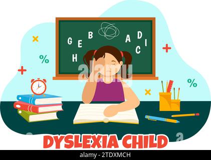 Dyslexie enfants Vector Illustration des enfants dyslexie trouble et difficulté à apprendre la lecture avec des lettres volant dans le fond plat de dessin animé Illustration de Vecteur