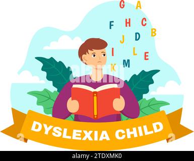 Dyslexie enfants Vector Illustration des enfants dyslexie trouble et difficulté à apprendre la lecture avec des lettres volant dans le fond plat de dessin animé Illustration de Vecteur