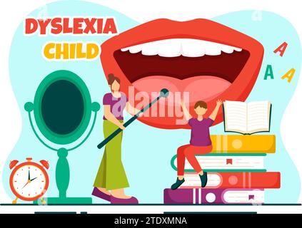 Dyslexie enfants Vector Illustration des enfants dyslexie trouble et difficulté à apprendre la lecture avec des lettres volant dans le fond plat de dessin animé Illustration de Vecteur