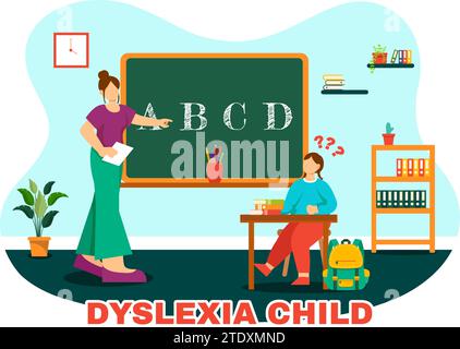 Dyslexie enfants Vector Illustration des enfants dyslexie trouble et difficulté à apprendre la lecture avec des lettres volant dans le fond plat de dessin animé Illustration de Vecteur