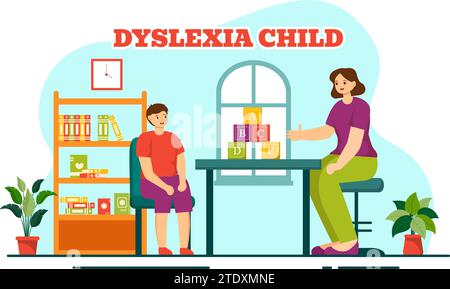 Dyslexie enfants Vector Illustration des enfants dyslexie trouble et difficulté à apprendre la lecture avec des lettres volant dans le fond plat de dessin animé Illustration de Vecteur