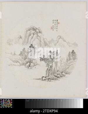 Albumblad, hui Nian, 1850 - 1900 Magazine d'album avec un paysage. Appartient à deux albums avec 24 paysages dans le style de différents maîtres. Encre de Chine. Magazine Paper Album avec un paysage. Appartient à deux albums avec 24 paysages dans le style de différents maîtres. Encre de Chine. papier Banque D'Images