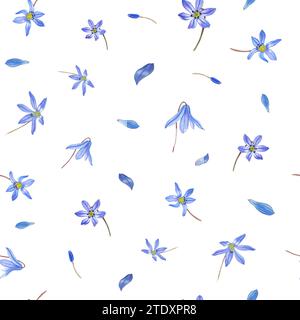 Motif sans couture aquarelle de gouttes de neige bleues douces. Orné isolé sur fond blanc. Illustration de printemps de fleur pour la conception de l'emballage Banque D'Images