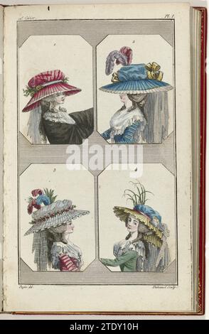 Cabinet des modes Egg les modes nouvelles, 1 mai 1786, pl. Et, A.B. Duhamel, après Pugin, 1786 quatre têtes de femmes dans des cadres, avec des chapeaux différents. Selon le texte annexé : Fig. 1 : chapeau avec un large bord de taf plissé rose côté, garni d'un bord latéral. Un ruban 'au diadème' à la boule de claquement du chapeau. Un bouquet de fleurs artificielles à l'avant et à l'arrière du chapeau. Un voile de regard blanc tombe de derrière vers l'arrière. Un fichu autour du cou ; large manteau d'épaule tombant de côté taf noir. Boucles d'oreilles longues en or 'à la plaquette'. Fig. 2 : Grand chapeau de côté taf bleu avec un whi Banque D'Images