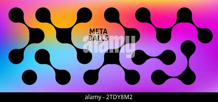 Metaball réglé sur fond iridescent. Points morph noirs connectés. Collection de motifs de taches liquides. Concept abstrait d'intégration. Ensemble d'éléments de conception arrondis pour logo, icône, étiquette, affiche. Pack Vector Illustration de Vecteur