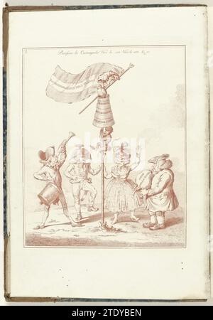 Titelprent van serie : la Rigenerazione dell' Olanda, 1795, anonyme, d'après David Hess, d'après James Gillray, 1799 la Rigenerazione dell 'Olanda, 1795. Un homme et une femme dansent pour un arbre de la liberté sur la musique de deux musiciens. Sur le dessus du poteau un chapeau phrygique avec des idiots et un karnton inversé avec les mots liberté, égalité et fraternité. Sur un drapeau le titre de la série. Un singe monte sur le poteau, un perroquet chante une chanson sur le dessus du poteau. Venise papier gravure la Rigenerazione dell 'Olanda, 1795. Un homme et une femme dansent pour un arbre de la liberté sur la musique de deux musiciens. Sur le dessus du poteau un chapeau phrygique Banque D'Images