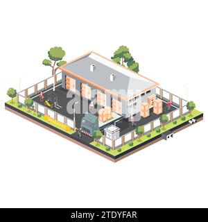 Représentation isométrique d'un centre logistique de distribution comprenant des entrepôts et un camion. Illustration vectorielle capturant le chargement. Illustration de Vecteur